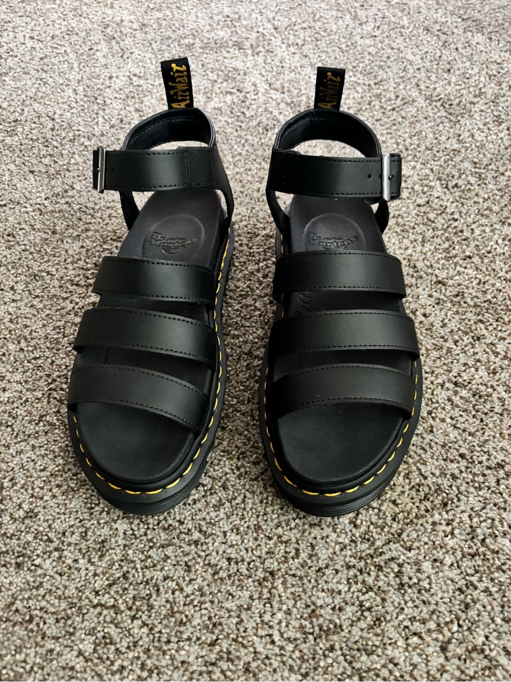Dr. Martens Black Leather Fisherman Sandals with Yellow Stitching